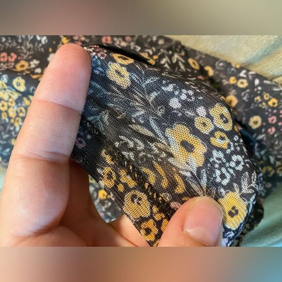 DR2 high neck brown micro floral print short sleeve blouse semi Sheer mesh L - Picture 9 of 9